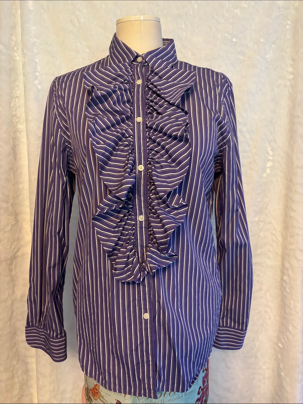 Lauren Ralph Lauren Purple Striped Ruffle Button Down Blouse Size L